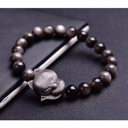 Obsidian bracelet with 8mm beads and single fox charm in Obsidian Fox colour