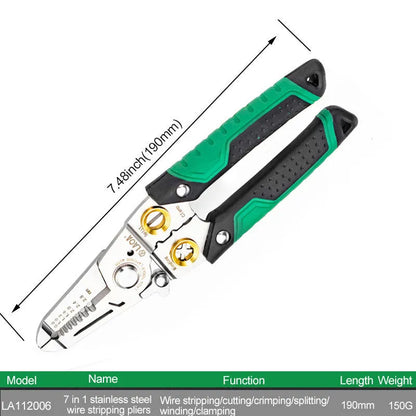 Stainless steel wire stripper tool with a two-colour handle showing seven different sized stripping holes.