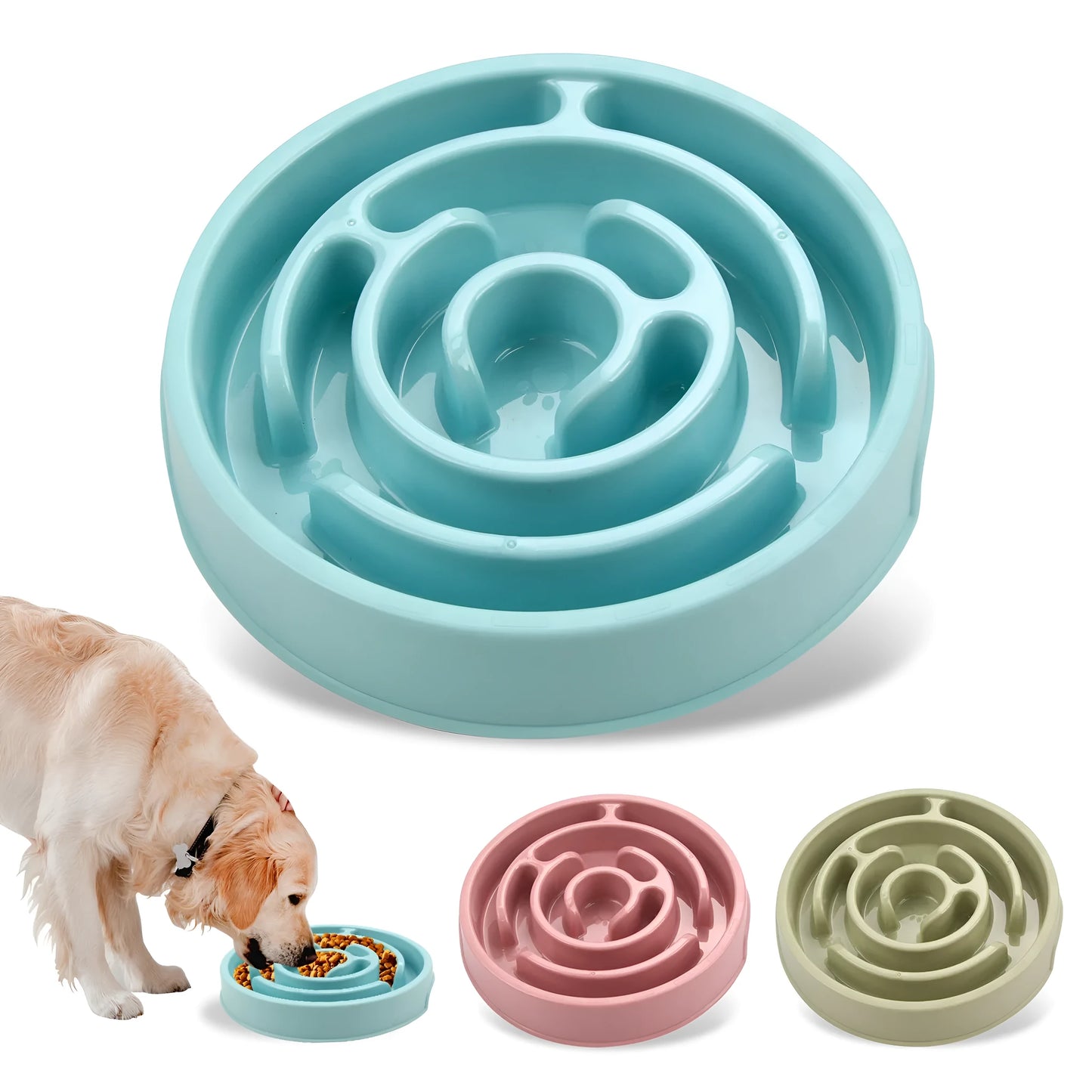 Blue silicone slow feeder dog bowl with raised labyrinth puzzle pattern for dogs.
