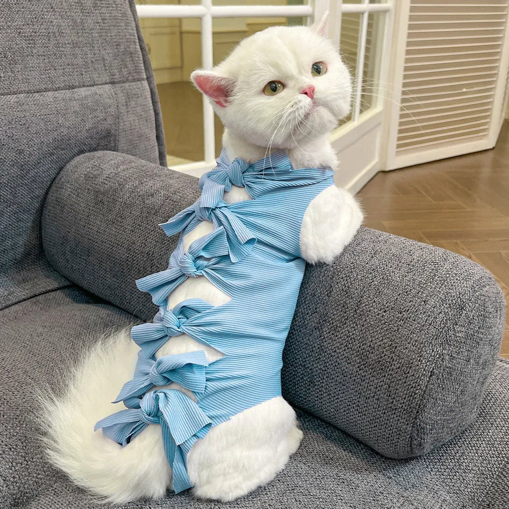 Lace-up cat sterilisation clothing in blue colour showing adjustable closure and polyester fabric texture
