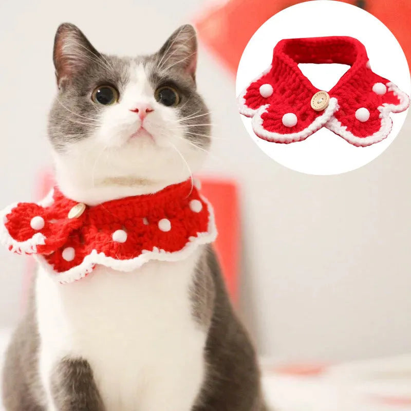 Wool knitted collar for cats, dogs, and rabbits featuring a cartoon animal pattern, available in four adjustable sizes from XS (15-20cm) to L (30-35cm), made from soft milk cotton in a casual style with customisation options for colour and fit.