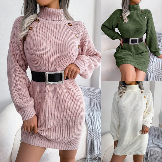 Cozy turtleneck sweater dress with button accent, available in various colors and sizes