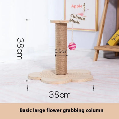 Solid wood cat scratching post with sisal rope and a brown oval turntable on a thick wooden base.