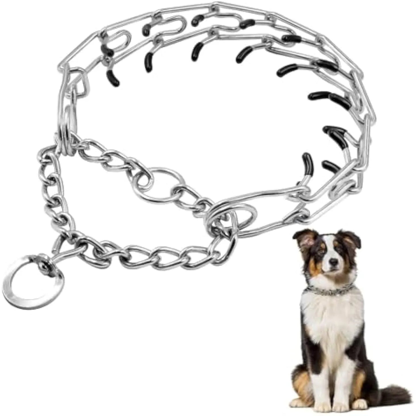 Stainless steel dog training collar with adjustable prong links and rubber comfort tips for medium to large dogs