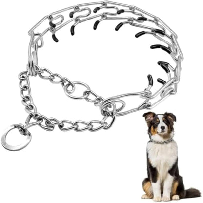Stainless steel dog training collar with adjustable prong links and rubber comfort tips for medium to large dogs