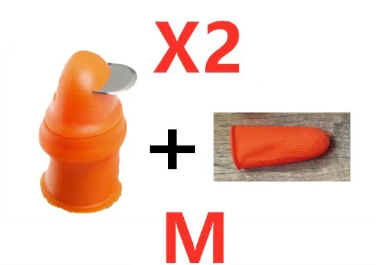 Silicone thumb protector with sharp curved blade for effortless vegetable, fruit, and crop harvesting in the garden or farm