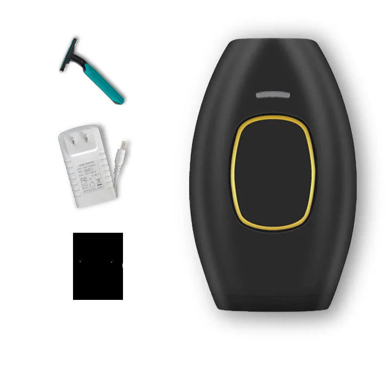 White laser hair removal device with shaver attachment and international power adapters