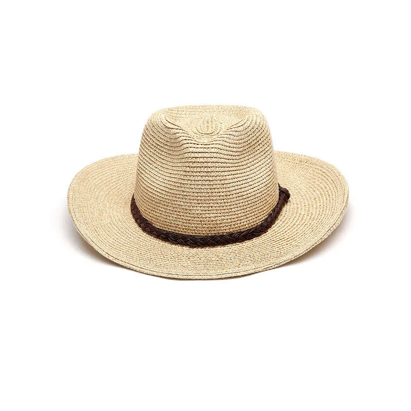 Men's foldable straw sun hat with wide brim in beige colour showing size options