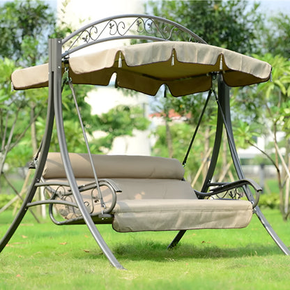 Three-person outdoor swing chair with alloy steel frame and Teslin mesh backrest in rustic design