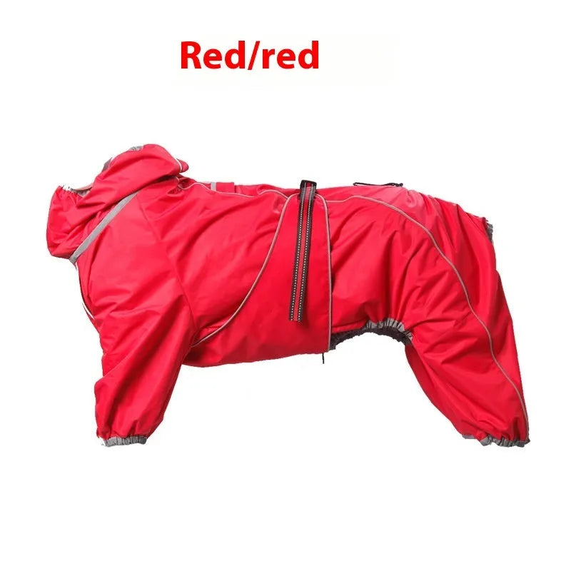 Red polyester dog shell jacket with cotton padding shown on a dog, with sports style design