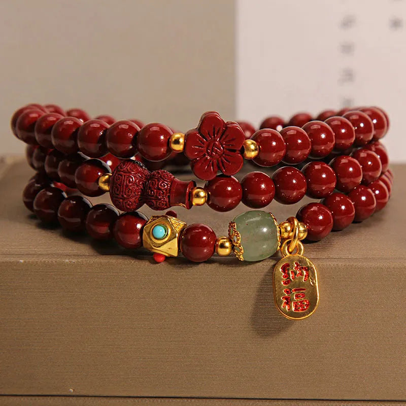 6mm cinnabar bracelet with multi-circle gourd five petal flower design in Chinese style