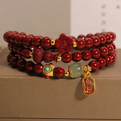 6mm cinnabar bracelet with multi-circle gourd five petal flower design in Chinese style