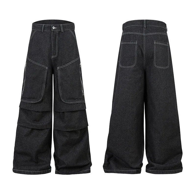 Black multi-pocket pleated workwear jeans with mid-waist fit and zip fly closure