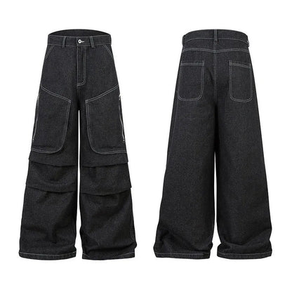 Black multi-pocket pleated workwear jeans with mid-waist fit and zip fly closure