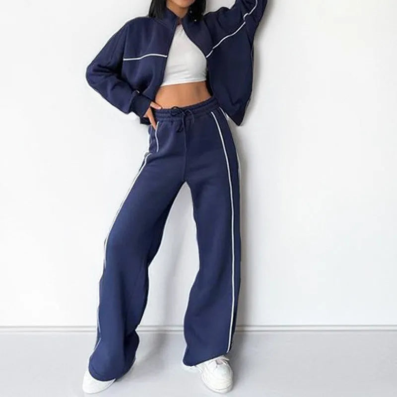 Women's casual suit with long sleeve mock neck hoodie and striped lace-up trousers in apricot colour