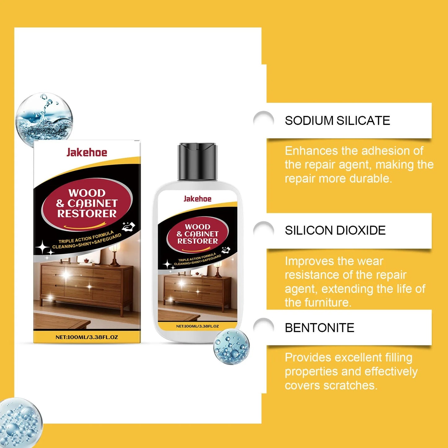 100ml bottle of wood scratch care agent and a 20cm x 20cm white microfibre towel on a wooden table.