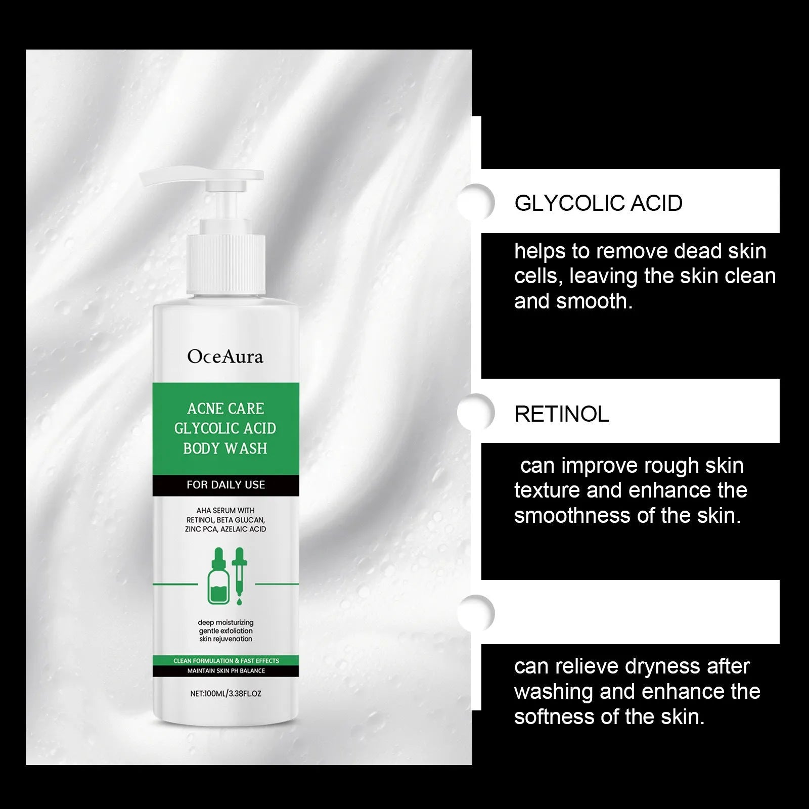 100ml shower gel bottle with glycolic acid and retinol for oily skin