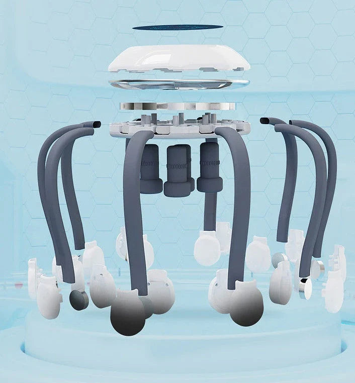 Soothing Octopus Head Massager with 14 independent massage heads and 5 customizable massage modes for targeted tension relief and relaxation