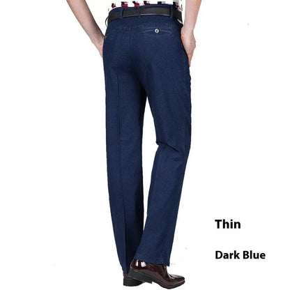 Men's high waist loose blue jeans with zip fly in light, medium and dark colour options