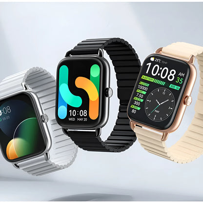 HAYLOU RS4 Plus smartwatch in black on wrist, showing AMOLED display with fitness stats.