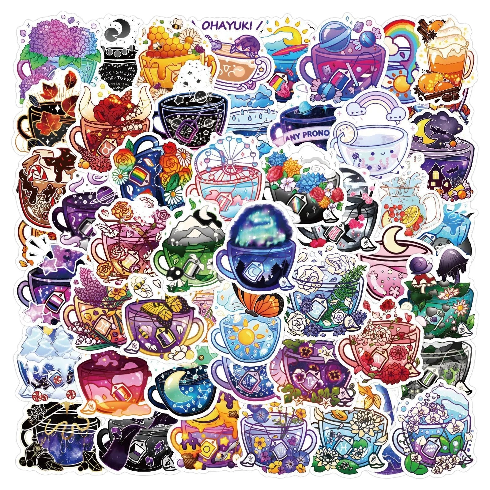 Colourful tea cup graffiti waterproof stickers in a 50-piece set for DIY personalisation of luggage and scooters