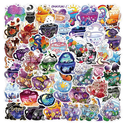 Colourful tea cup graffiti waterproof stickers in a 50-piece set for DIY personalisation of luggage and scooters