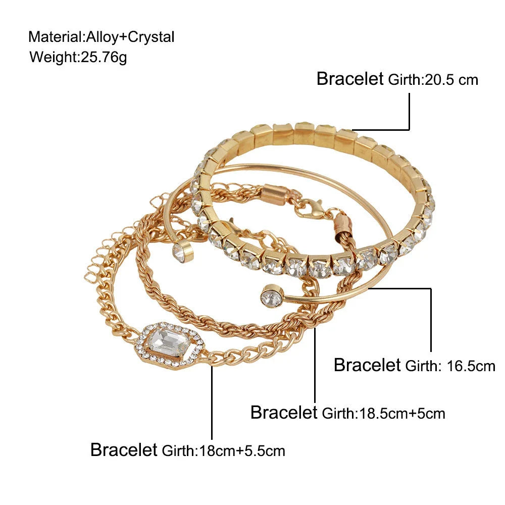 4-piece crystal bracelet set with boho-chic design, featuring sparkling rhinestones and adjustable alloy construction
