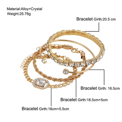 4-piece crystal bracelet set with boho-chic design, featuring sparkling rhinestones and adjustable alloy construction