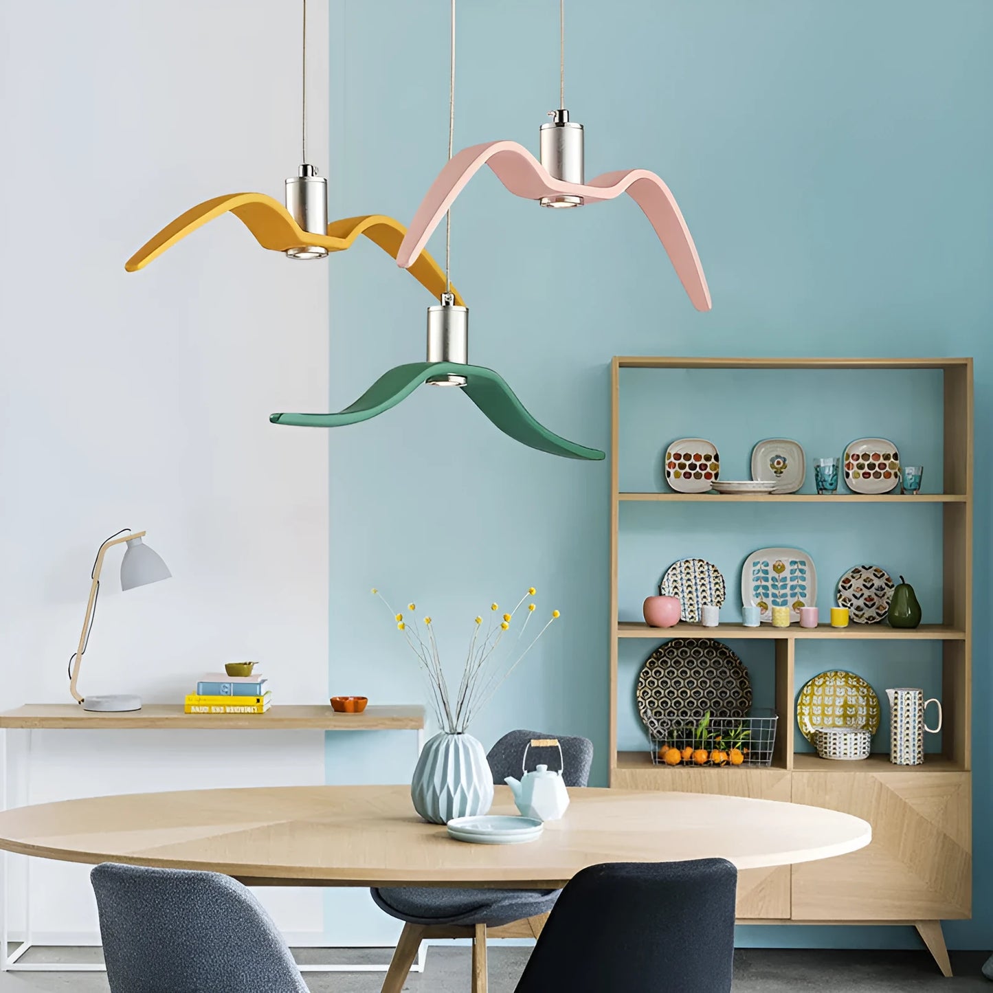 Nordic modern LED chandelier in a macaron colour on a ceiling