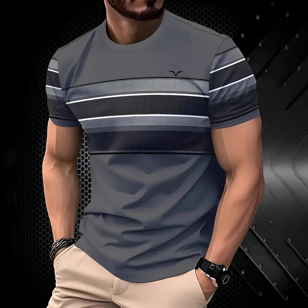 Men's loose fit short sleeve polyester t-shirt shown in available colours: black, gray, white, dark red.