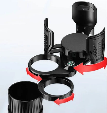 Black car cup holder with adjustable base showing retracted and extended positions