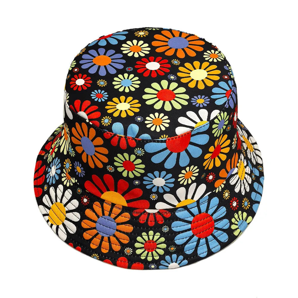 Flower print polyester bucket sun hat with dome crown in size M for 56-58cm head circumference