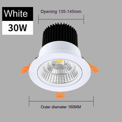 Modern aluminium recessed LED ceiling spotlight with three colour temperature settings shown installed.
