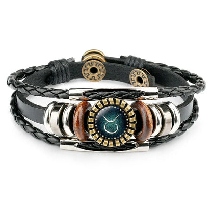 Premium 12-Sign Zodiac Leather Bracelet for Men, featuring captivating glass art and adjustable leather design