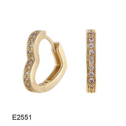 Gold plated heart-shaped clip-on earrings with multiple sparkling zircon stones on a white background.