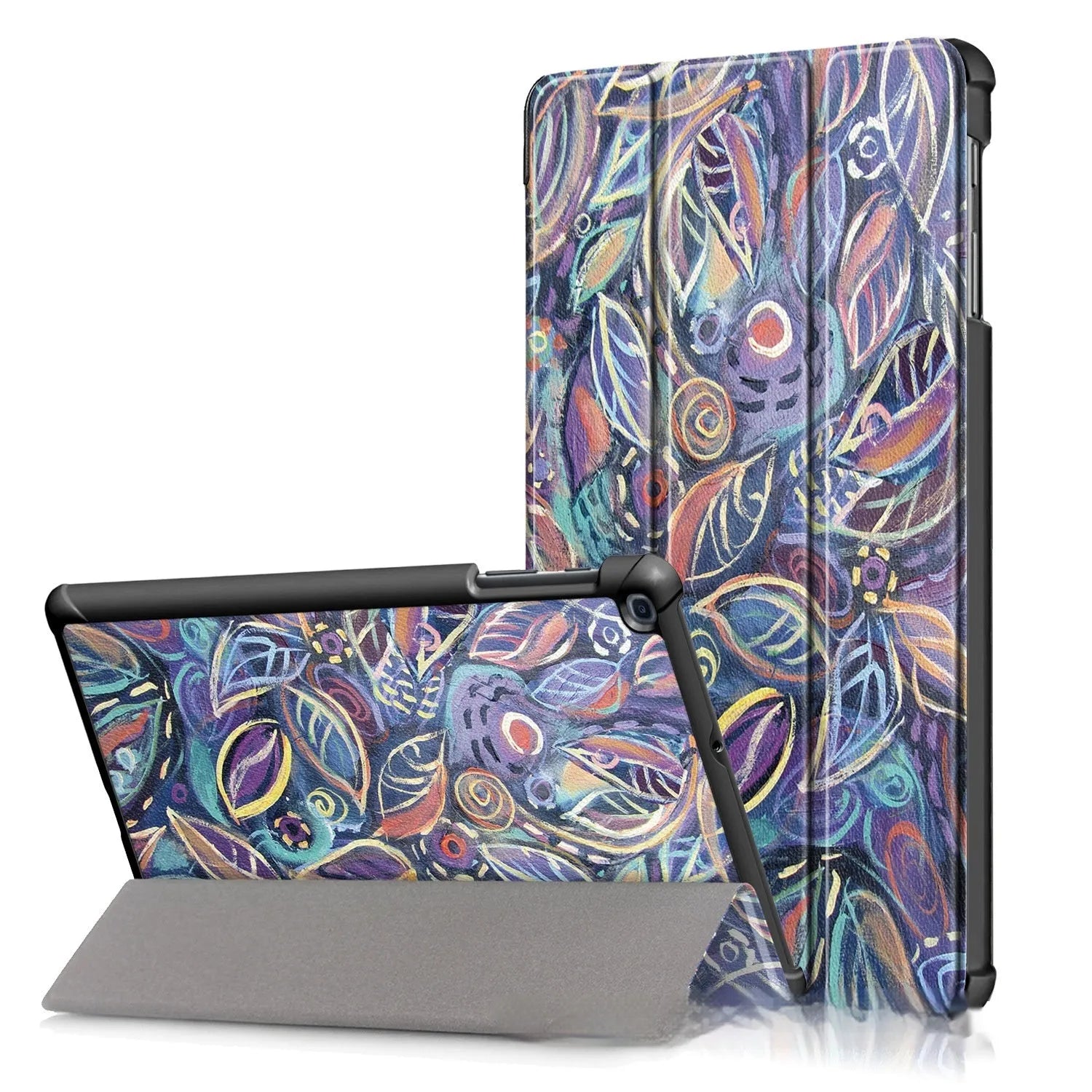 Plastic tri-fold flip cover case for a Samsung tablet showing decorative design options.