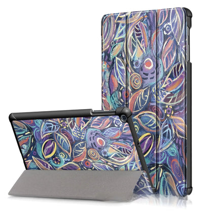 Plastic tri-fold flip cover case for a Samsung tablet showing decorative design options.