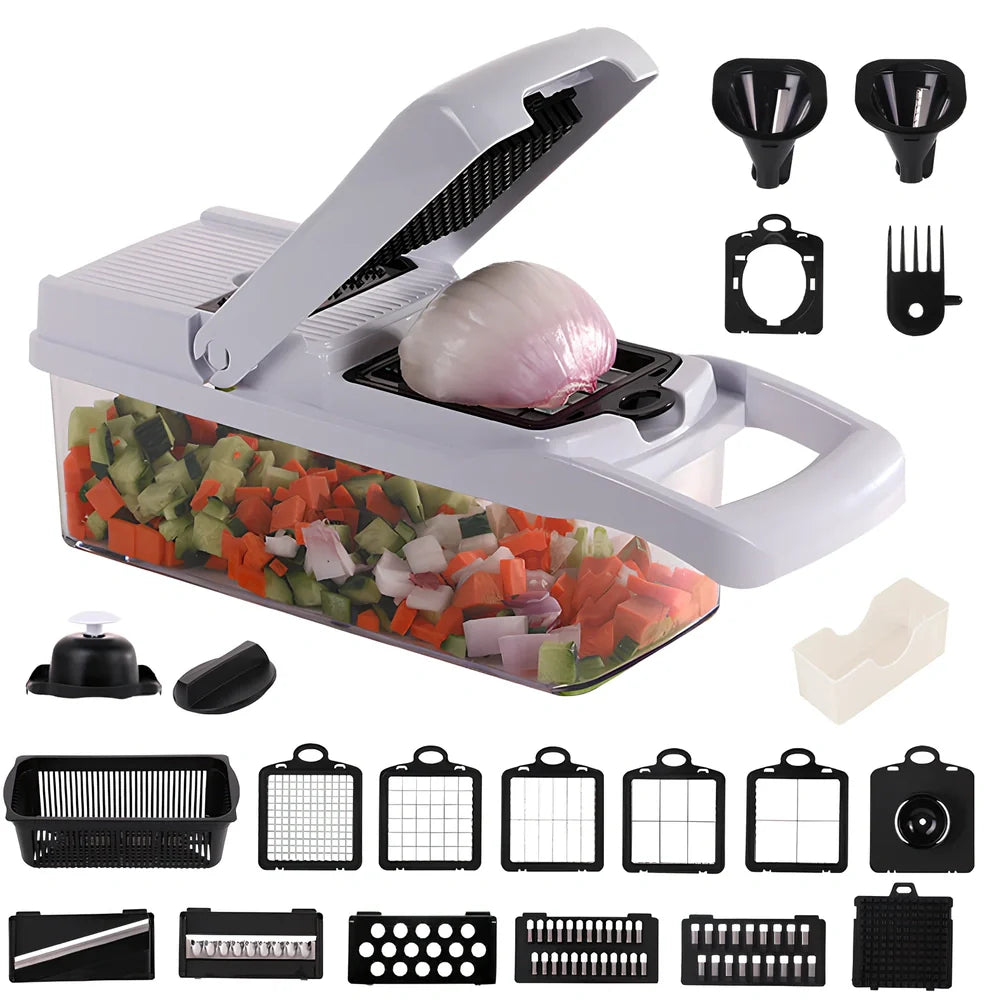 Multipurpose vegetable cutter with 7 blades, drain basket, and hand guard for kitchen food preparation