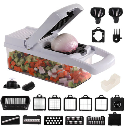 Multipurpose vegetable cutter with 7 blades, drain basket, and hand guard for kitchen food preparation