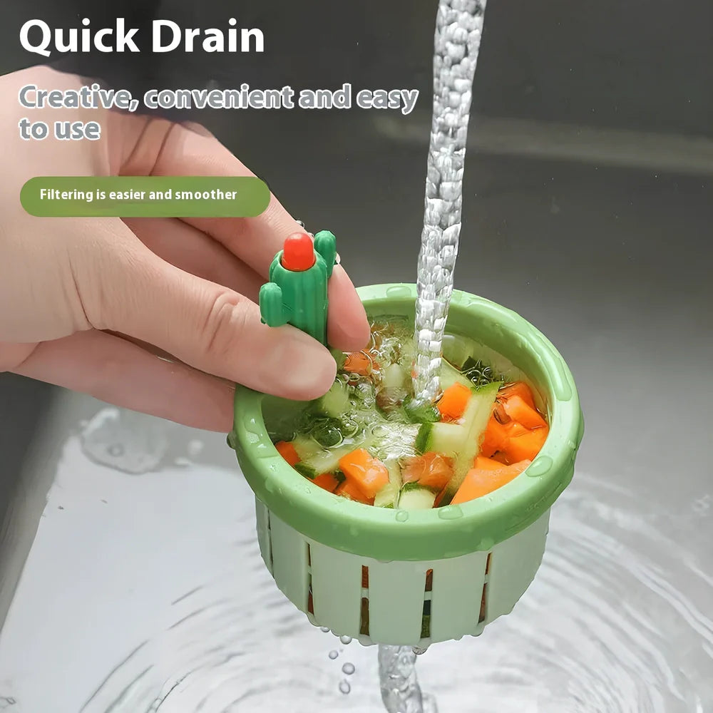 Green cactus-shaped PP sink filter basket with widened gasket on kitchen drain, 10cm height