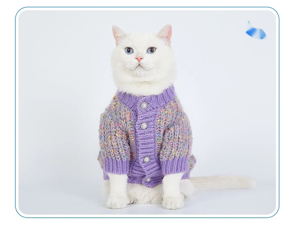 Purple dog cardigan sweater for small to medium breeds in soft polyester material