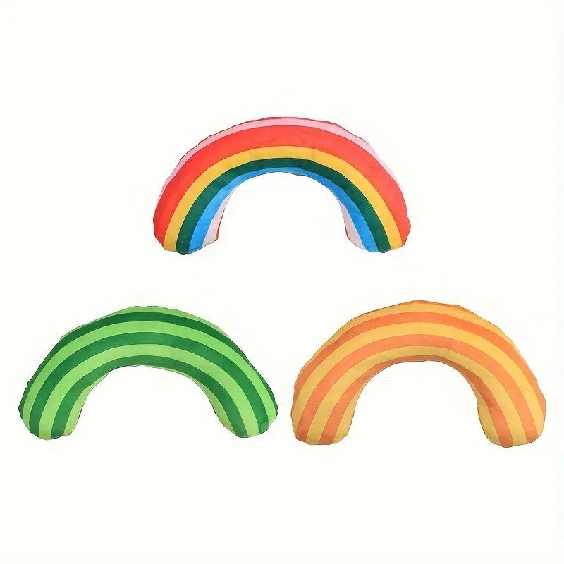 Striped pattern cat pillow toy with noise feature and catnip, measuring 23cm by 20cm, in green, rainbow, or yellow