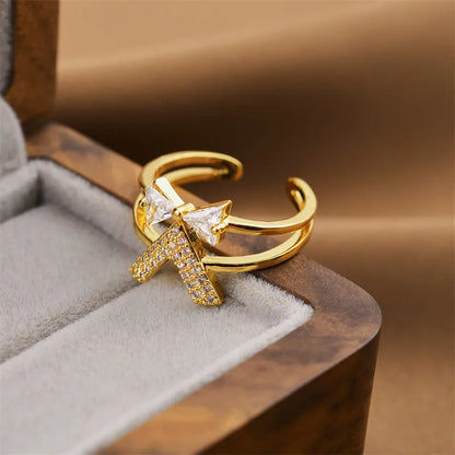 Adjustable geometric open ring in gold electroplated copper with five style options