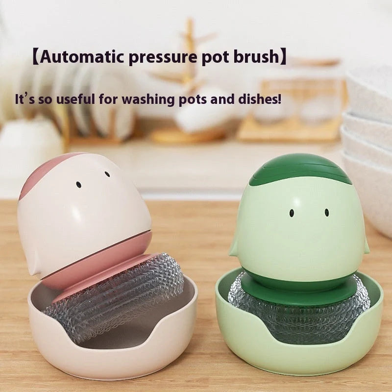 Automatic liquid filling dishwashing brush in cute chicken design with replaceable head
