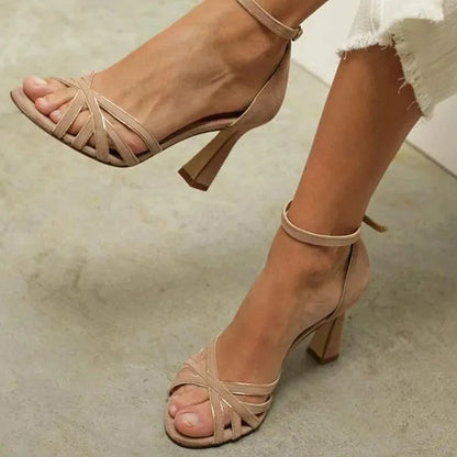Apricot suede women's peep-toe sandals with bag heel and fish mouth toe design