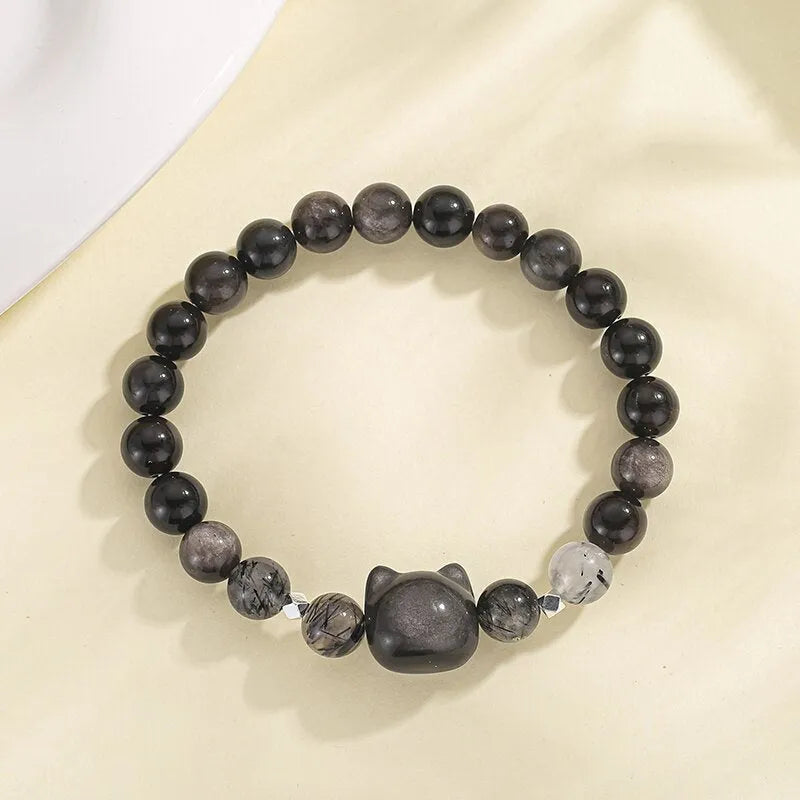 Silver-plated obsidian bracelet with cat crystal charms in adjustable women's design
