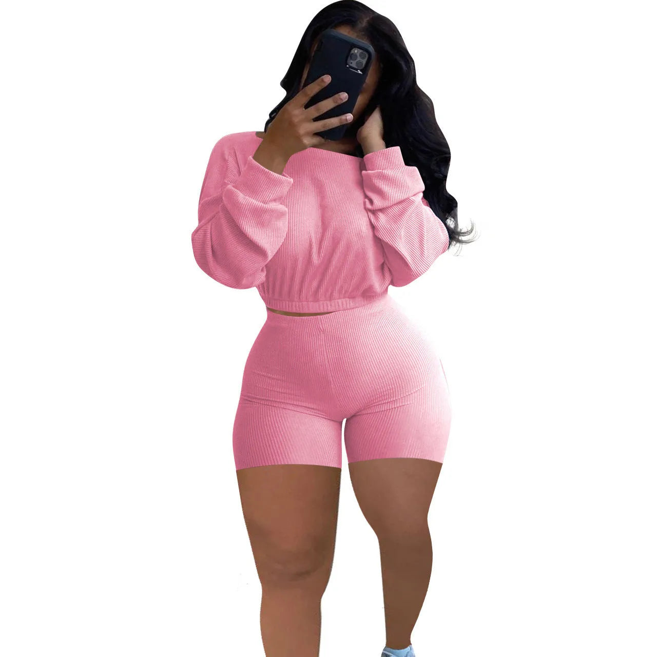 Women's sunken stripe off-the-shoulder two-piece set with long sleeves and matching shorts
