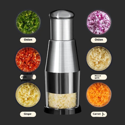Black manual garlic press and onion chopper with stainless steel blades measuring 6x16cm