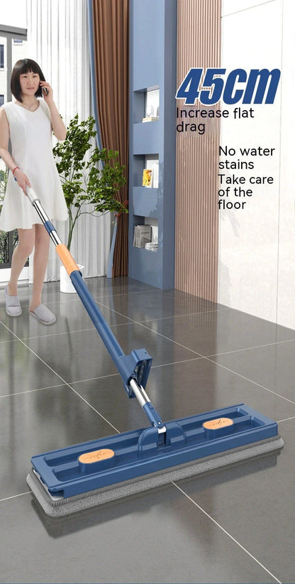 A premium 360° rotating flat mop with a stainless steel handle, suitable for cleaning various flooring types in homes.