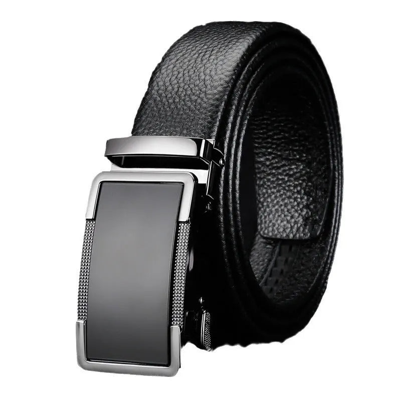 Men's leather belt with automatic buckle in gold, silver and gun black colours showing comfort click mechanism